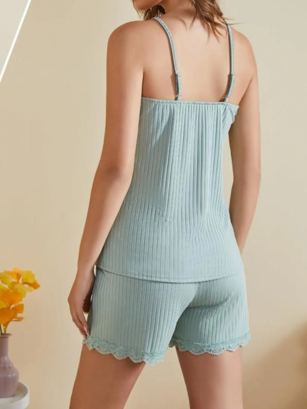 Lace-Trimmed Ribbed Cami and Shorts Lounge Set